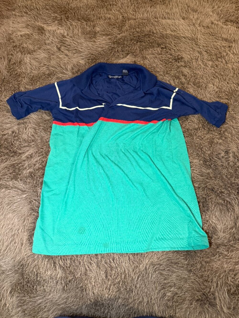 Vintage Men's Color Block Polo Shirt Size Large Green Blue Retro Casual Shirt